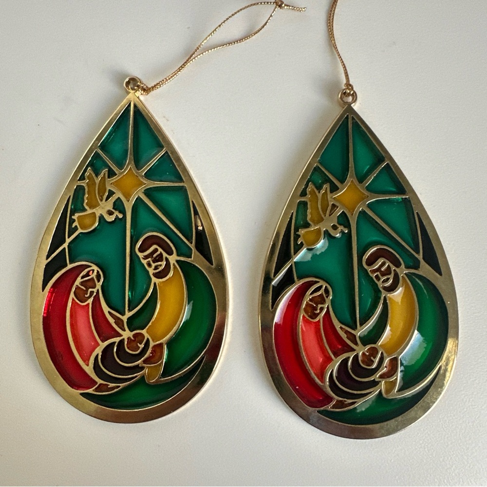 (2) Holy Family Stained Glass Window Teardrop Shape Gold Tone Xmas Ornament